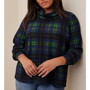 TORRID Brushed Waffle Cowl Neck Top Long Sleeve Knitted Plaid Blue Green Size 10